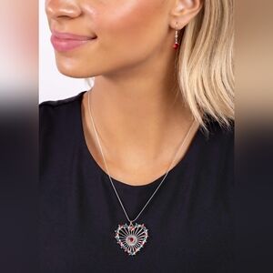 Paprazzi Silver and Red Heart Pendant Necklace and Earring Set